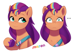 Size: 3607x2532 | Tagged: safe, artist:maren, character:sunny starscout, species:earth pony, species:pony, g5, my little pony: tell your tale, ..., bust, colored eyebrows, colored hooves, cute, duality, eyebrows, female, front view, full face view, hooves, looking at you, mare, shrunken pupils, signature, simple background, smiling, sunny's buttons, sunnybetes, sweat, sweatdrops, unshorn fetlocks, white background