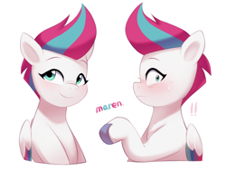 Size: 2900x2179 | Tagged: safe, artist:maren, character:zipp storm, species:pegasus, species:pony, g5, my little pony: tell your tale, adorazipp, blushing, bust, colored eyebrows, colored hooves, colored wings, cute, duality, exclamation point, eyebrows, female, flustered, hooves, looking at you, mare, multicolored wings, profile, raised hoof, signature, simple background, smiling, solo, sweat, sweatdrops, three quarter view, unshorn fetlocks, white background, wings