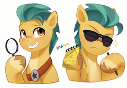 Size: 3801x2654 | Tagged: safe, artist:maren, character:hitch trailblazer, species:earth pony, species:pony, g5, my little pony: tell your tale, blaze (coat marking), coat markings, colored eyebrows, colored hooves, duality, eyebrows, frown, good cop bad cop, grin, hoof hold, hooves, looking at you, magnifying glass, male, notepad, open mouth, open smile, signature, simple background, smiling, socks (coat marking), solo, sparkles, stallion, sunglasses, unshorn fetlocks, white background