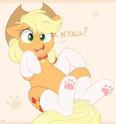 Size: 1215x1300 | Tagged: safe, artist:higgly-chan, character:applejack, species:earth pony, species:pony, g4, applecat, applejack's hat, behaving like a cat, beige background, bell, bell collar, brown background, cheek fluff, clothing, collar, cowboy hat, cute, dialogue, eye clipping through hair, eyebrows, eyebrows visible through hair, female, floppy ears, happy, hat, jackabetes, looking at you, lying down, mare, nya, on back, open mouth, paw pads, paw socks, sexy, simple background, smiling, socks, solo, stetson, stockings, stupid sexy applejack, text, thigh highs, y'all