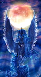 Size: 1200x2250 | Tagged: safe, artist:sadowwolfkact, character:princess luna, species:alicorn, species:pony, g4, blue eyes, blue mane, blue tail, clothing, cloud, crepuscular rays, crown, digital art, ethereal mane, female, flowing mane, flowing tail, flying, front view, full face view, galaxy mane, hoof shoes, horn, jewelry, looking at you, mare, moon, moonlight, necklace, night, night sky, peytral, regalia, shoes, signature, sky, smiling, smiling at you, solo, speedpaint, spread wings, starry tail, stars, tail, wings