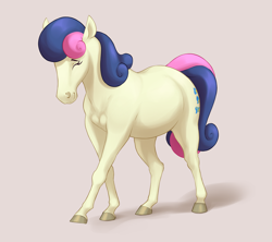 Size: 3600x3200 | Tagged: safe, artist:aquaticvibes, character:bon bon, character:sweetie drops, species:earth pony, species:pony, g4, colored hooves, cutie mark, eyebrows, eyelashes, eyes closed, female, gray background, hoers, hooves, horse, looking at you, mare, one hoof raised, simple background, smiling, solo