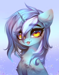 Size: 2400x3043 | Tagged: safe, artist:shenki, artist:tomness, character:lyra heartstrings, species:pony, species:unicorn, g4, blep, blue background, bust, chest fluff, cute, ear fluff, explicit source, eye clipping through hair, eyebrows, eyebrows visible through hair, female, looking at you, lyrabetes, mare, mlem, portrait, simple background, solo, tongue out