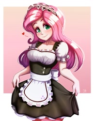 Size: 775x1000 | Tagged: safe, artist:the-park, character:fluttershy, species:human, g4, apron, blushing, clothing, colored eyebrows, curtsey, cute, french maid, humanized, looking at you, maid, maid headdress, shyabetes, simple background, smiling, solo, species swap, suggestive source