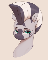 Size: 2552x3228 | Tagged: safe, artist:aquaticvibes, character:zecora, species:zebra, g4, bust, eyebrows, eyelashes, female, looking at you, mohawk, portrait, simple background, smiling, solo, three quarter view, zecorable