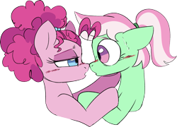 Size: 1687x1218 | Tagged: safe, artist:taaffeite, character:minty, character:pinkie pie, species:earth pony, species:pony, g3, g4, alternate hairstyle, blushing, bust, duo, duo female, female, floppy ears, g3 to g4, generation leap, hair tie, holding hooves, hoof on chin, hooves, imminent kissing, lesbian, lidded eyes, looking at each other, looking at someone, mare, mintypie, nervous, ponytail, profile, shipping, simple background, transparent background