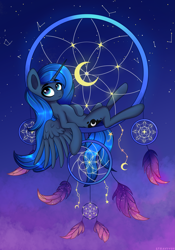 Size: 2625x3750 | Tagged: safe, artist:stravy_vox, character:princess luna, species:alicorn, species:pony, g4, cute, dreamcatcher, eyebrows, eyebrows visible through hair, featured on derpibooru, female, high res, mare, solo, spread wings, stars, sweet dreams fuel, three quarter view, wings