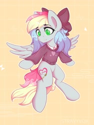 Size: 3000x4000 | Tagged: safe, artist:stravy_vox, oc, oc only, oc:blazey sketch, species:pegasus, species:pony, g4, bow, clothing, colored pupils, cute, eyebrows, eyebrows visible through hair, female, flying, hair bow, mare, ocbetes, pegasus oc, signature, simple background, smiling, solo, spread wings, sweater, three quarter view, wings, yellow background