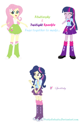 Size: 792x1218 | Tagged: safe, artist:prettycelestia, character:fluttershy, character:twilight sparkle, species:eqg human, g4, my little pony:equestria girls, boots, bow tie, braid, clothing, eyeshadow, fusion, high heel boots, high heels, makeup, shoes