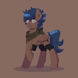 Size: 2048x2048 | Tagged: safe, artist:shallowwin, oc, oc only, ponysona, species:pegasus, species:pony, brown background, clothing, cutie mark, ear piercing, earring, explicit source, folded wings, hooves, jewelry, male, neckerchief, one hoof raised, piercing, simple background, solo, stallion, tail, tail wrap, wings