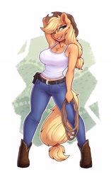 Size: 2208x3508 | Tagged: safe, artist:dandy, part of a set, character:applejack, species:anthro, species:earth pony, species:unguligrade anthro, g4, applejack's hat, belt, big breasts, boots, bra strap, breasts, busty applejack, chest fluff, cleavage, clothing, cowboy hat, cute, ear fluff, eyebrows, eyebrows visible through hair, eyelashes, female, freckles, hand, hand on head, hat, hoof boots, jackabetes, jeans, mare, one eye closed, pants, ponytail, rope, shoes, shoulder freckles, smiling, solo, stetson, tank top