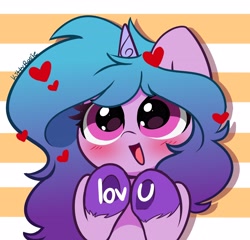 Size: 3570x3426 | Tagged: safe, artist:kittyrosie, character:izzy moonbow, species:pony, species:unicorn, g5, blushing, cute, eyelashes, female, floating heart, gradient hair, heart, horn, izzybetes, looking at you, mare, multicolored hair, open mouth, simple background, solo, text, underhoof