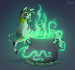 Size: 1280x1202 | Tagged: safe, artist:jenery, character:zecora, species:zebra, g4, 2022, bracelet, cauldron, ear piercing, earring, female, glowing, gray background, hoers, jewelry, neck rings, piercing, rearing, signature, simple background, solo