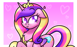 Size: 5580x3402 | Tagged: safe, artist:iceflower99, derpibooru original, character:princess cadance, species:alicorn, species:pony, g4, abstract background, c:, chest fluff, colored pupils, crown, cute, cutedance, eye clipping through hair, eyebrows, eyebrows visible through hair, female, floppy ears, gradient background, heart, jewelry, looking up, mare, necklace, peytral, purple eyes, regalia, shoulder fluff, simple background, smiling, solo, three quarter view, video at source, video in description