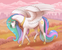 Size: 1280x1045 | Tagged: safe, artist:jenery, character:princess celestia, species:alicorn, species:pony, g4, clothing, cloud, crown, female, field, grass, hoers, hoof shoes, jewelry, looking at you, mare, necklace, peytral, princess celestia is a horse, profile, raised leg, regalia, shoes, sky, smiling, solo, sparkles, spread wings, walking, wings