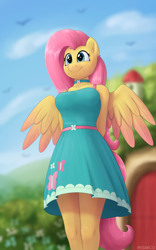 Size: 2500x4000 | Tagged: safe, artist:irisarco, part of a set, character:fluttershy, species:anthro, species:bird, species:pegasus, species:pony, g4, arm behind back, bare shoulders, blurred background, breasts, busty fluttershy, choker, clothing, cloud, colored wings, day, dress, ear fluff, ear piercing, explicit source, female, flower, fluttershy's cottage, jewelry, mare, necklace, outdoors, piercing, sky, smiling, spread wings, standing, tail, upskirt, watermark, wings