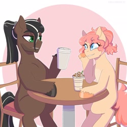Size: 2048x2048 | Tagged: safe, artist:shallowwin, oc, oc only, species:earth pony, species:pony, blushing, chair, coffee cup, colored eyebrows, commission, duo, explicit source, eyebrows, eyebrows visible through hair, hoof hold, latte, ponytail, simple background, sitting, straw, table, unshorn fetlocks