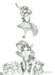 Size: 1100x1510 | Tagged: safe, artist:baron engel, character:apple bloom, character:rarity, character:scootaloo, character:sweetie belle, oc, oc:stone mane, species:earth pony, species:pegasus, species:pony, species:unicorn, g4, apple bloom's bow, apple family member, bipedal, black and white, bow, bow tie, canon x oc, clothing, colt, danger, dress, explicit source, eyebrows, female, filly, floppy ears, foal, glasses, grayscale, grimdark source, hair bow, hoof shoes, horn, implied shipping, jacket, looking at you, looking down at you, male, mare, monochrome, pencil drawing, shipping, shoes, simple background, socks, story in the source, stretching, tail, traditional art, white background, young