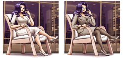 Size: 4250x2000 | Tagged: safe, artist:king-kakapo, character:rarity, species:human, g4, bracelet, chair, cityscape, clothing, coat, dress, eyebrows, eyelashes, eyeshadow, female, high heels, humanized, jewelry, light skin, looking sideways, makeup, pantyhose, shoes, sitting, smiling, solo, species swap, window, wristwatch