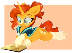 Size: 2252x1585 | Tagged: safe, artist:cinnamontee, character:sunburst, species:pony, species:unicorn, g4, blaze (coat marking), book, cloak, clothing, coat markings, colored eyebrows, colored hooves, cute, cutie mark, eyebrows, eyebrows visible through hair, eyelashes, female, glasses, hooves, horn, lying down, mare, prone, reading, rule 63, signature, simple background, socks (coat marking), solo, sploot, sunbetes, sunburst's cloak, sunburst's glasses, sunburst's robe, sunstone (g4 r63 sunburst), tail, unshorn fetlocks
