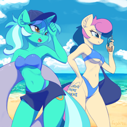Size: 1512x1512 | Tagged: safe, artist:fajeh, character:bon bon, character:lyra heartstrings, character:sweetie drops, species:anthro, species:earth pony, species:unicorn, g4, armpits, bag, baseball cap, beach, belly button, bikini, blushing, breasts, cap, cellphone, clothing, cloud, collarbone, cutie mark, dated, duo, duo female, ear fluff, eyebrows, female, hand, hand on hip, handbag, hat, hips, horn, inflatable, inner tube, mare, ocean, open mouth, outdoors, phone, ponytail, profile, reasonably sized breasts, sexy, shorts, signature, smartphone, smiling, stupid sexy bon bon, stupid sexy lyra, swimsuit, tail, thong swimsuit, three quarter view, underboob, water