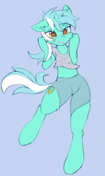 Size: 589x988 | Tagged: safe, artist:fajeh, character:lyra heartstrings, species:pony, species:unicorn, g4, bipedal, blue background, blushing, cheek fluff, clothing, colored pupils, eyebrows, eyebrows visible through hair, female, heart, heart eyes, leg fluff, mare, pants, semi-anthro, shirt, shorts, simple background, smiling, solo, surprised, t-shirt, wingding eyes
