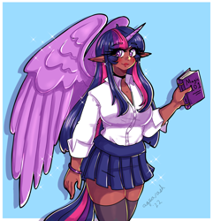 Size: 3024x3143 | Tagged: safe, artist:midoriya_shouto, species:human, book, bracelet, clothing, cute, horn, horned humanization, humanized, jewelry, socks, solo, species swap, thigh highs, winged humanization, wings