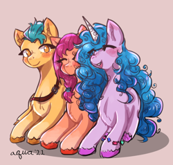 Size: 772x734 | Tagged: safe, artist:midoriya_shouto, character:hitch trailblazer, character:izzy moonbow, character:sunny starscout, species:earth pony, species:pony, species:unicorn, g5, blaze (coat marking), bracelet, cuddling, cute, gradient hair, jewelry, multicolored hair