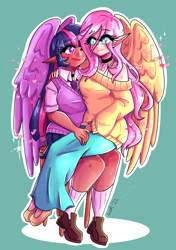 Size: 2687x3817 | Tagged: safe, artist:midoriya_shouto, character:fluttershy, character:twilight sparkle, species:human, g4, choker, clothing, cuddling, cute, female, horn, horned humanization, humanized, jewelry, lesbian, necklace, sapphic, shipping, species swap, sweater, winged humanization, wings