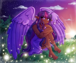 Size: 2047x1690 | Tagged: safe, artist:midoriya_shouto, character:twilight sparkle, species:human, g4, clothing, dress, firefly, horn, horned humanization, humanized, solo, species swap, twilight, twilight (time of day), winged humanization, wings