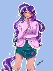 Size: 1743x2356 | Tagged: safe, artist:midoriya_shouto, character:starlight glimmer, species:human, g4, clothing, cute, horn, horned humanization, humanized, skirt, socks, solo, species swap, sweater
