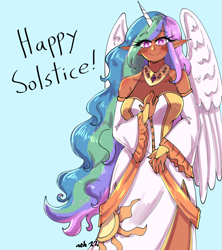 Size: 2400x2700 | Tagged: safe, artist:midoriya_shouto, character:princess celestia, species:alicorn, species:human, species:pony, g4, clothing, cute, digital art, dress, horn, horned humanization, humanized, species swap, summer solstice, winged humanization, wings