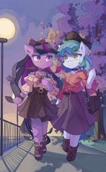 Size: 2516x4096 | Tagged: safe, artist:saxopi, oc, oc only, species:anthro, species:earth pony, species:pony, arm hooves, bag, belt, beret, blouse, bow, clothing, commission, cute, duo, duo female, eyebrows, eyebrows visible through hair, female, hair bow, hat, hoof shoes, lamp, lamppost, looking at each other, mare, night, ocbetes, purse, shirt, shoes, skirt