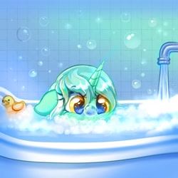 Size: 4000x4000 | Tagged: safe, artist:confetticakez, character:lyra heartstrings, species:pony, species:unicorn, g4, bath, bubble, cute, eyebrows, eyebrows visible through hair, eyelashes, faucet, female, floppy ears, lyrabetes, mare, rubber duck, solo, toy, water