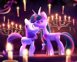 Size: 1656x1330 | Tagged: safe, artist:dawnfire, character:rarity, character:twilight sparkle, character:twilight sparkle (alicorn), species:alicorn, species:pony, species:unicorn, fanfic:the enchanted carousel, ship:rarilight, g4, candle, candlestick, crown, cute, cutie mark, duo, duo female, eyelashes, female, females only, folded wings, horn, jewelry, lesbian, looking at each other, mare, nuzzling, regalia, shipping, tail, twiabetes, wings