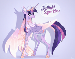 Size: 3022x2388 | Tagged: safe, artist:loreraii, artist:teaneey, character:twilight sparkle, character:twilight sparkle (alicorn), species:alicorn, species:pony, g4, alternate design, colored pupils, colored wings, colored wingtips, eyebrows, eyebrows visible through hair, female, high res, jewelry, looking back, mare, multicolored wings, redesign, redraw, signature, simple background, solo, text, three quarter view, tiara, two toned wings, wings