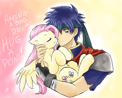 Size: 1024x826 | Tagged: safe, artist:maplesugarpone, character:fluttershy, species:human, species:pegasus, species:pony, g4, blushing, crossover, cute, eyes closed, female, fire emblem, gradient background, holding, holding a pony, hug, human on pony snuggling, ike, mare, nintendo, request, shyabetes, snuggling, spread wings, text, video game, wings