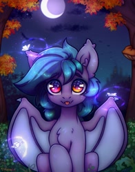 Size: 2414x3083 | Tagged: safe, artist:reterica, oc, oc only, oc:scrimmy, species:bat pony, species:pony, g4, :p, bat pony oc, blep, butterfly, chest fluff, crescent moon, cute, ear fluff, fangs, front view, full face view, looking at you, male, moon, ocbetes, sharp teeth, solo, stallion, tongue out, wings