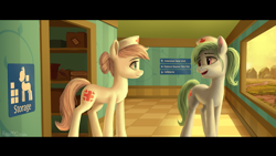 Size: 2560x1440 | Tagged: safe, artist:robsa990, character:nurse redheart, character:nurse tenderheart, species:earth pony, species:pony, g4, clothing, cutie mark, duo, duo female, eyebrows, female, females only, hair bun, hat, hospital, indoors, looking at each other, mare, nurse hat, open mouth, talking