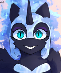 Size: 830x1000 | Tagged: safe, artist:glazirka, character:nightmare moon, character:princess luna, species:alicorn, species:pony, g4, bust, female, helmet, horn, looking at you, portrait, sharp teeth, smiling, solo, stare, staring into your soul, teeth, thousand yard stare, wings