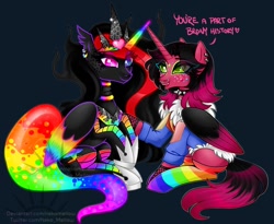 Size: 1200x982 | Tagged: safe, artist:nekomellow, oc, oc only, oc:neonboom, oc:princess neon boom, species:alicorn, species:pony, alicorn oc, clothing, colored wings, colorful, duo, duo female, eye clipping through hair, eyebrows, eyebrows visible through hair, female, folded wings, heterochromia, high res, horn, looking at each other, looking at someone, multicolored wings, neon, open mouth, open smile, rainbow socks, simple background, sitting, smiling, smiling at each other, socks, starry eyes, striped socks, talking, transparent background, wingding eyes, wings