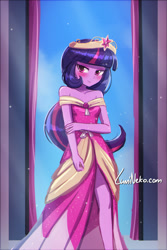 Size: 750x1125 | Tagged: safe, artist:lumineko, character:twilight sparkle, g4, my little pony:equestria girls, bare shoulders, blue hair, blushing, clothing, coronation dress, crown, dress, element of magic, explicit source, eyebrows, eyebrows visible through hair, eyelashes, eyeshadow, female, jewelry, lidded eyes, long hair, looking at you, makeup, multicolored hair, pink dress, pink hair, purple hair, regalia, side slit, signature, smiling, solo, standing, website