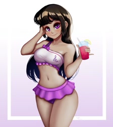 Size: 893x1000 | Tagged: safe, artist:the-park, character:octavia melody, species:eqg human, g4, belly button, bikini, blushing, clothing, drink, equestria girls-ified, eyebrows, female, glass, gradient background, looking at you, microskirt, simple background, smiling, solo, species swap, suggestive source, swimsuit