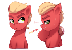 Size: 3801x2654 | Tagged: safe, artist:maren, character:sprout, species:earth pony, species:pony, g5, my little pony: tell your tale, coat markings, colored eyebrows, colored hooves, dialogue, eyebrows, hooves, looking at you, looking up, male, profile, signature, simple background, socks (coat marking), solo, stallion, sweat, text, unshorn fetlocks, white background