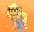 Size: 2164x2016 | Tagged: safe, artist:confetticakez, character:applejack, species:earth pony, species:pony, g4, alternate hairstyle, blush sticker, blushing, bow, clothing, cute, eyebrows, eyebrows visible through hair, female, flower, flower in hair, freckles, hair bow, jackabetes, looking at you, mare, open mouth, orange background, overalls, pigtails, simple background, solo, tail bow, twintails