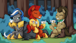 Size: 1280x720 | Tagged: safe, artist:mysticalpha, character:doctor whooves, character:time turner, oc, oc:captain sunride, oc:cloud zapper, species:earth pony, species:pegasus, species:pony, g4, armor, crossover, cup, doctor who, drink, food, forest, male, pegasus oc, royal guard, royal guard armor, royal guard oc, stallion, tea, teacup, the doctor, tree
