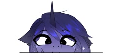 Size: 1200x549 | Tagged: safe, artist:magnaluna, character:princess luna, species:alicorn, species:pony, g4, eye clipping through hair, eyebrows, eyebrows visible through hair, floppy ears, simple background, smiling, solo, sparkles, white background