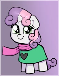 Size: 929x1200 | Tagged: safe, artist:heretichesh, character:sweetie belle, species:pony, species:unicorn, g4, clothing, crossover, deltarune, female, filly, foal, ralsei, scarf, solo, young