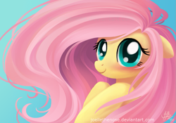 Size: 929x649 | Tagged: safe, artist:creamy_roux, character:fluttershy, species:pegasus, species:pony, g4, big eyes, cute, female, floppy ears, gradient background, long hair, looking at you, mare, shyabetes, signature, smiling, solo, windswept mane