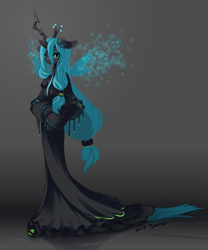 Size: 997x1200 | Tagged: safe, artist:tysontan, character:queen chrysalis, species:anthro, species:changeling, g4, changeling queen, clothing, crown, dress, female, floppy ears, gradient background, gray background, jewelry, regalia, signature, simple background, solo, three quarter view